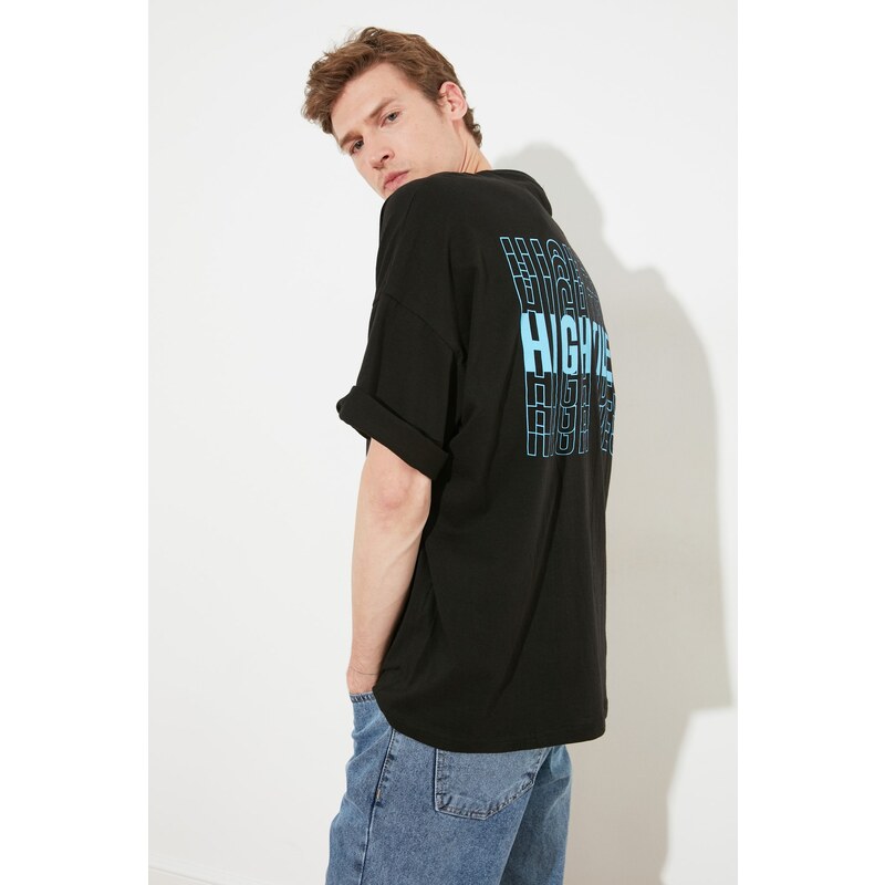 Trendyol Black Oversize/Wide Cut Text Printed Short Sleeve 100% Cotton T-Shirt