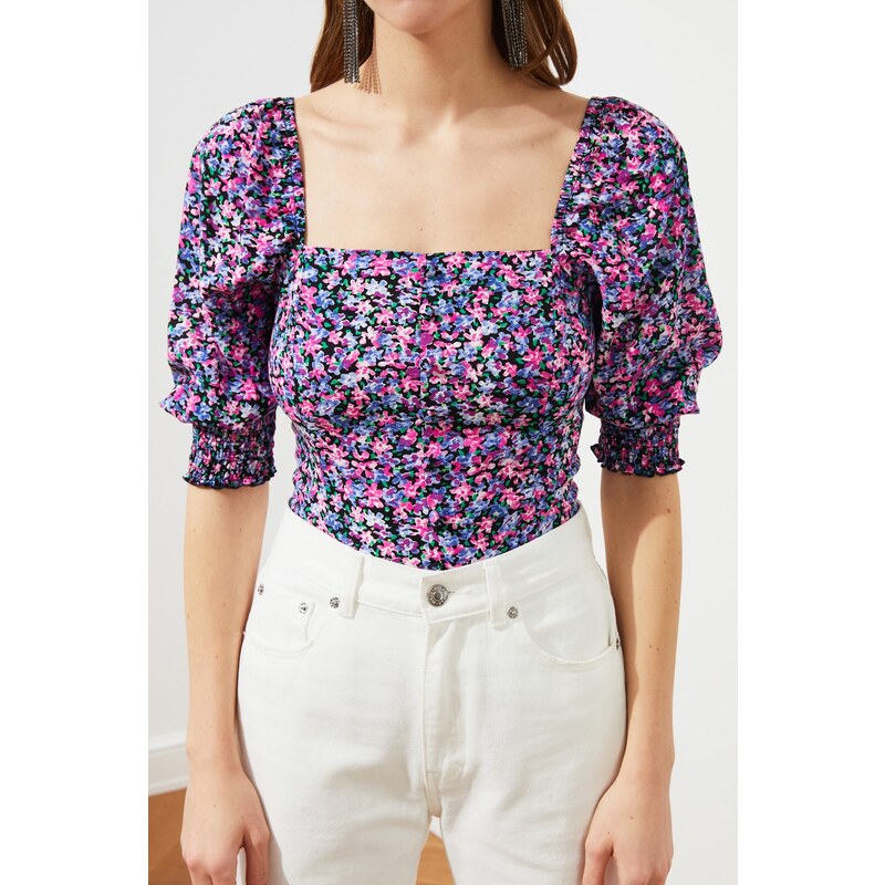 Trendyol Multi Color Crop Woven Square Neck Floral Pattern Blouse