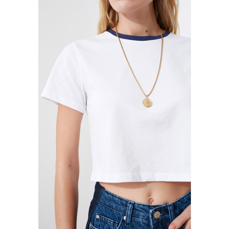 Trendyol White 100% Cotton Crop Colored Crew Neck Knitted T-Shirt