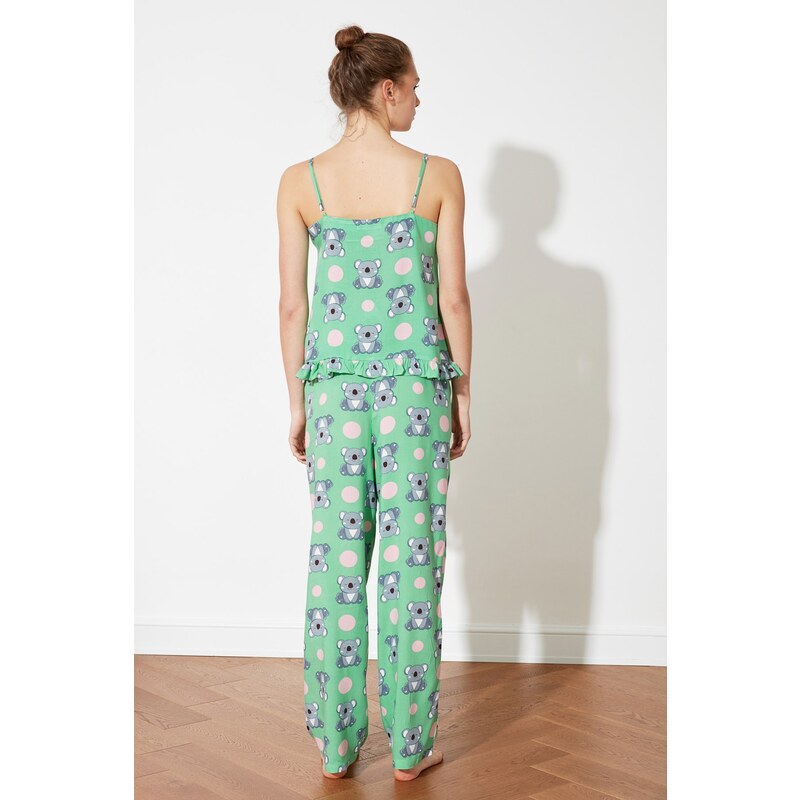 Trendyol Green Koala Patterned Frilled Undershirt-Pants Woven Pajama Set