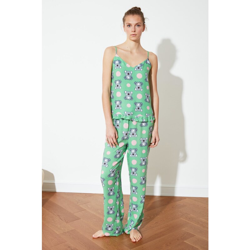 Trendyol Green Koala Patterned Frilled Undershirt-Pants Woven Pajama Set