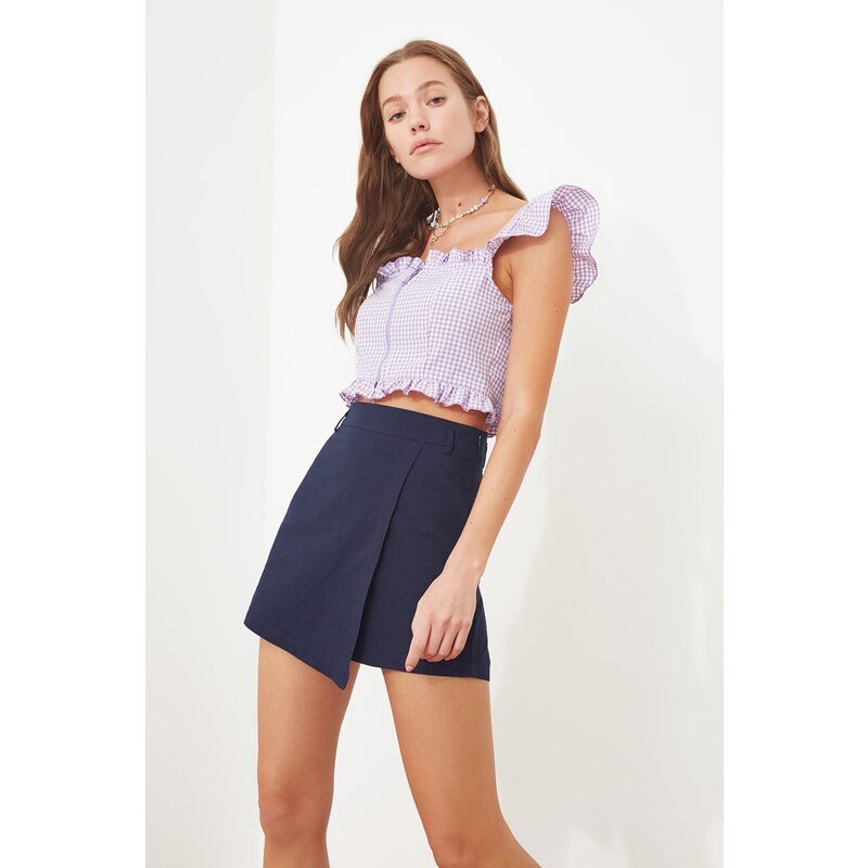 Trendyol Lilac Fitted Zipper Detailed Gingham Crop Woven Blouse