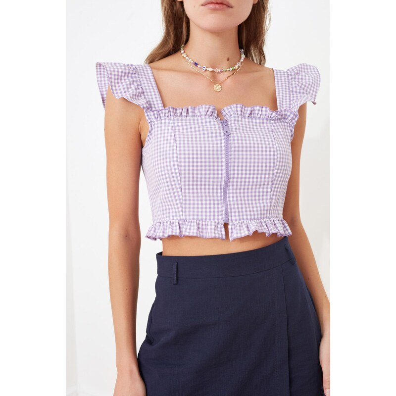 Trendyol Lilac Fitted Zipper Detailed Gingham Crop Woven Blouse