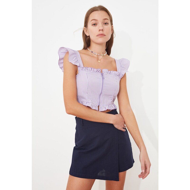 Trendyol Lilac Fitted Zipper Detailed Gingham Crop Woven Blouse