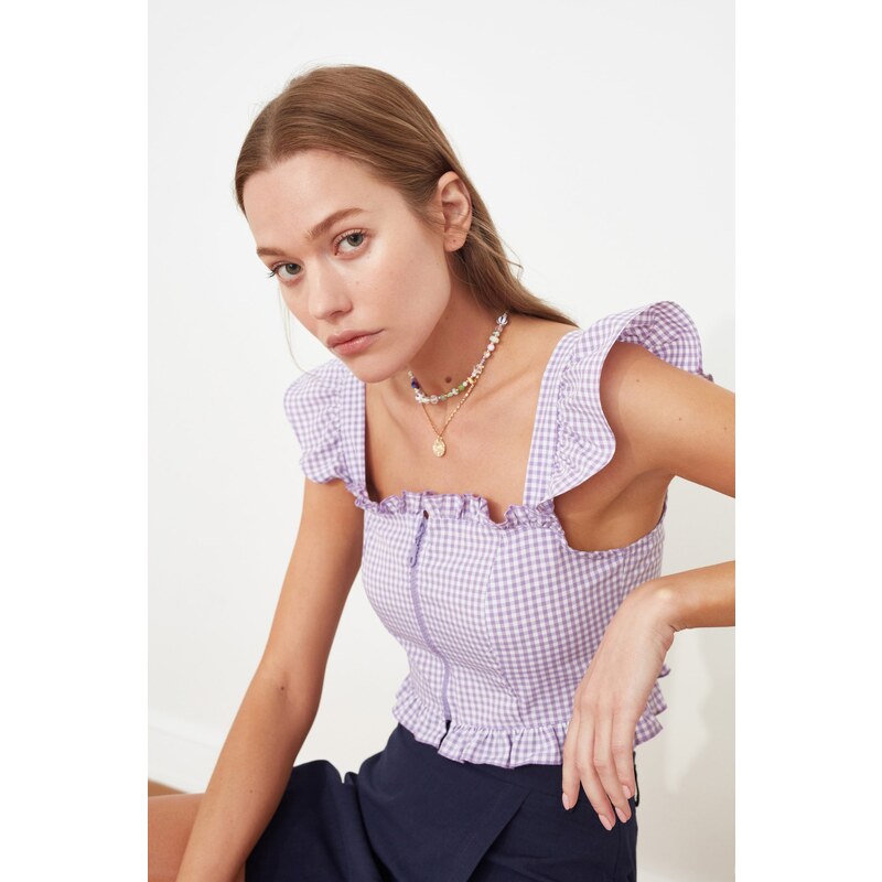 Trendyol Lilac Fitted Zipper Detailed Gingham Crop Woven Blouse