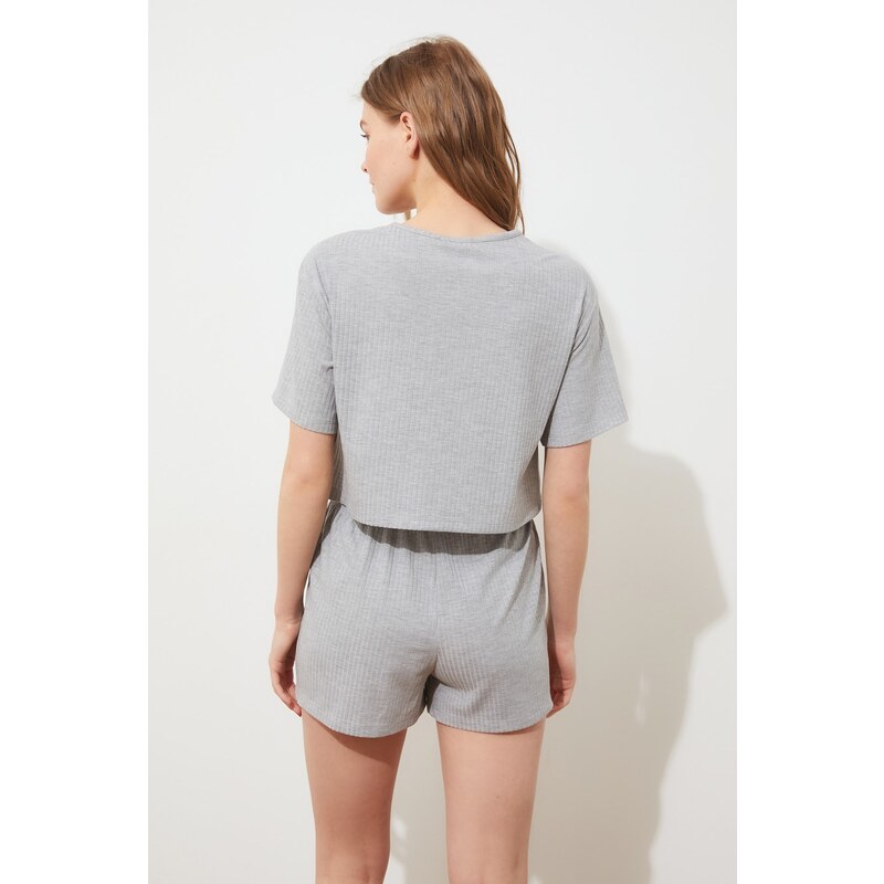 Trendyol Gray Ribbed Cotton Knitted Pajamas Set