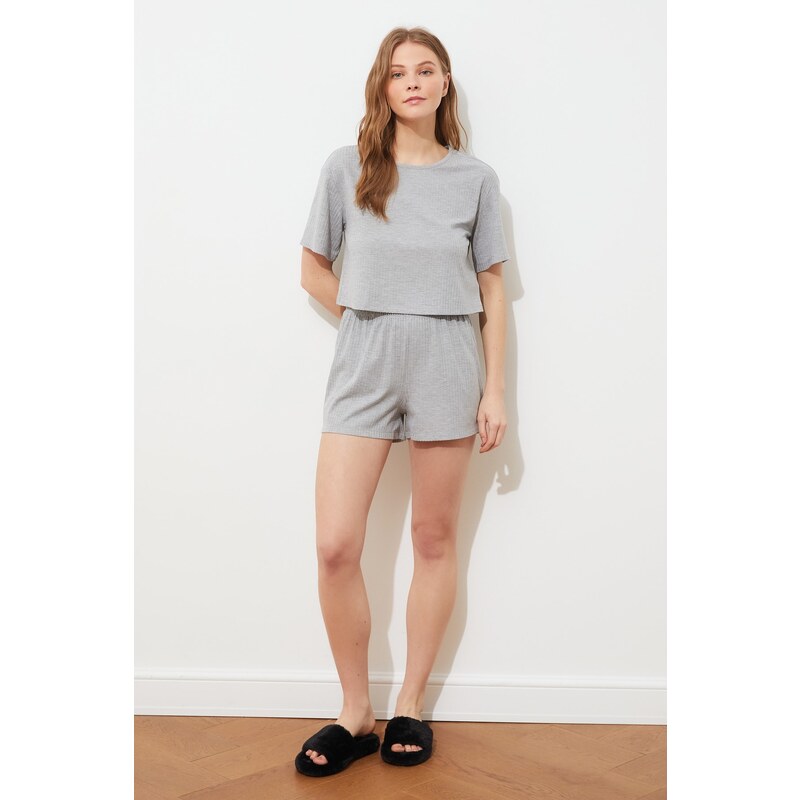 Trendyol Gray Ribbed Cotton Knitted Pajamas Set