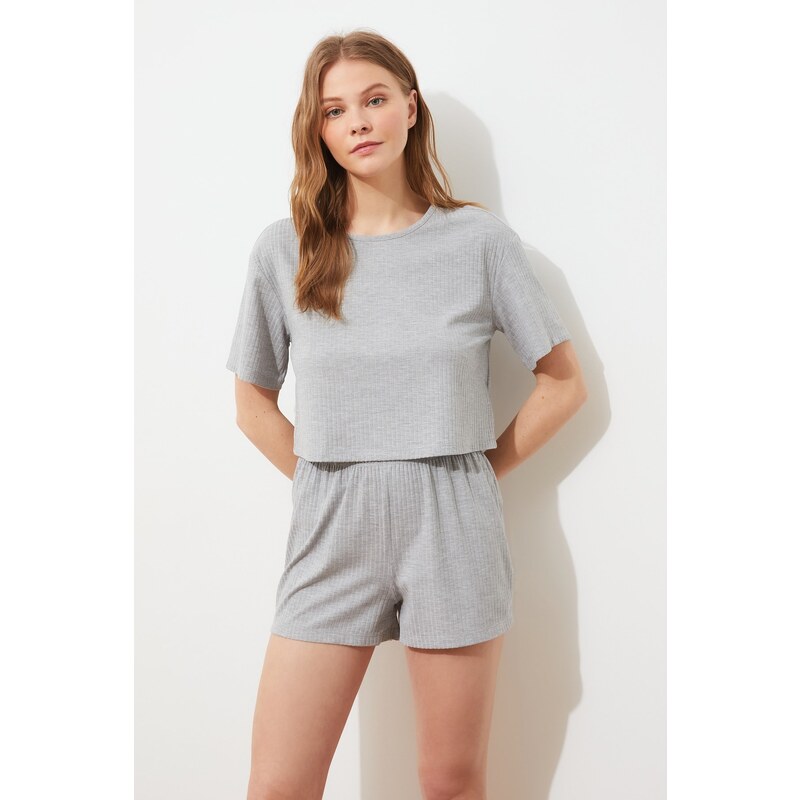 Trendyol Gray Ribbed Cotton Knitted Pajamas Set