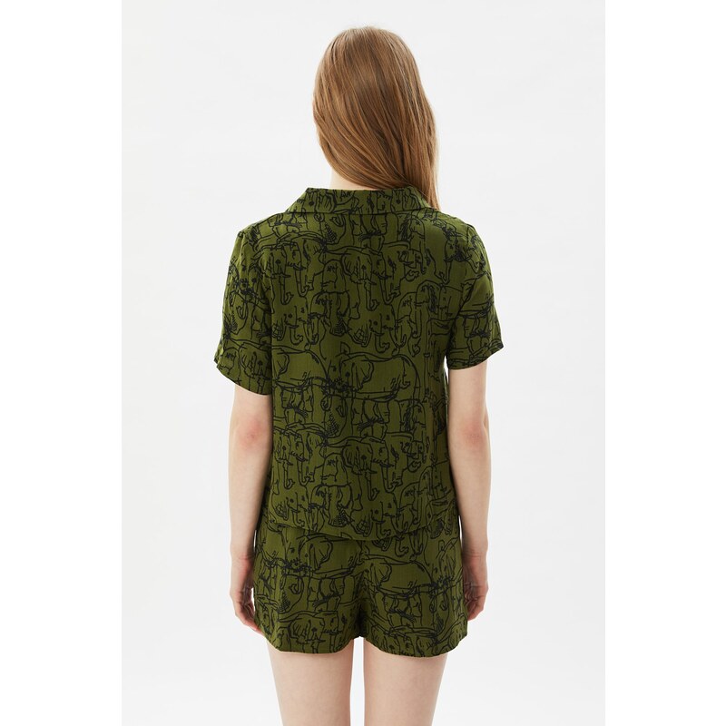 Trendyol Green Viscose Animal Patterned Shirt-Shorts Woven Pajama Set