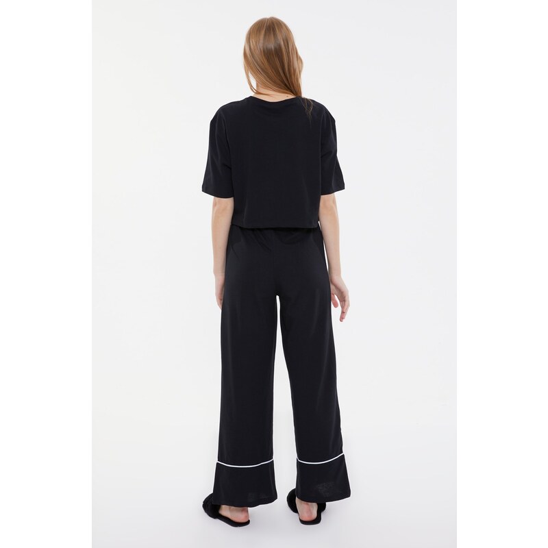 Trendyol Black Cotton Printed T-shirt-Pants Knitted Pajamas Set