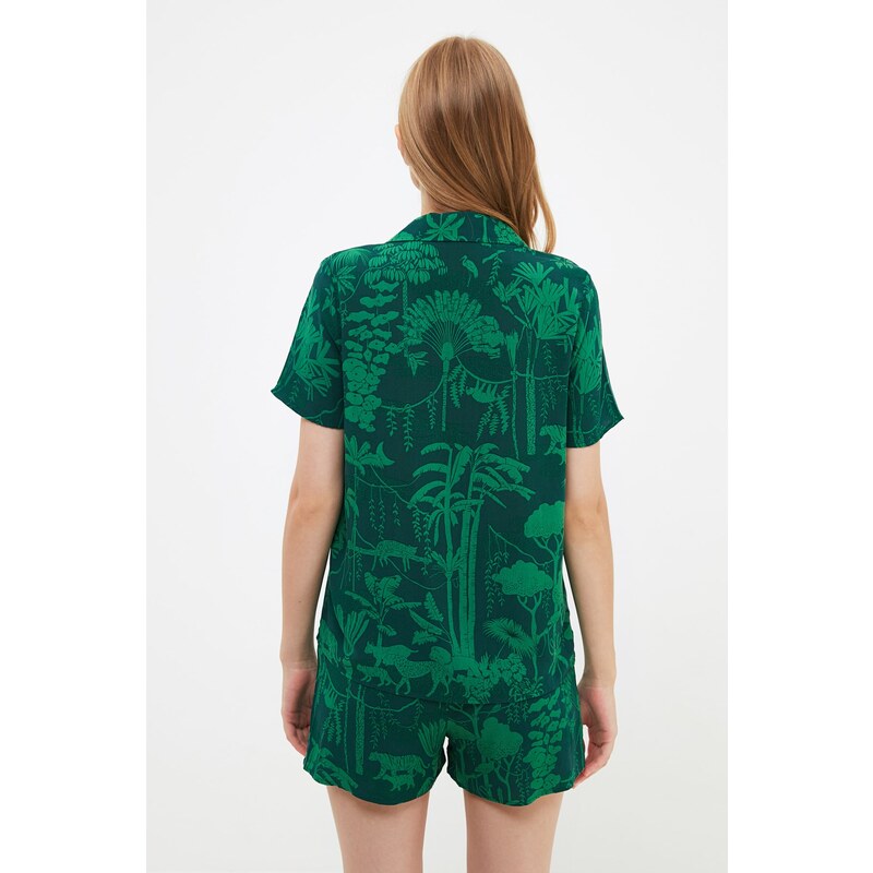 Trendyol Green Print Detailed Viscose Shirt-Shorts Pajamas Set