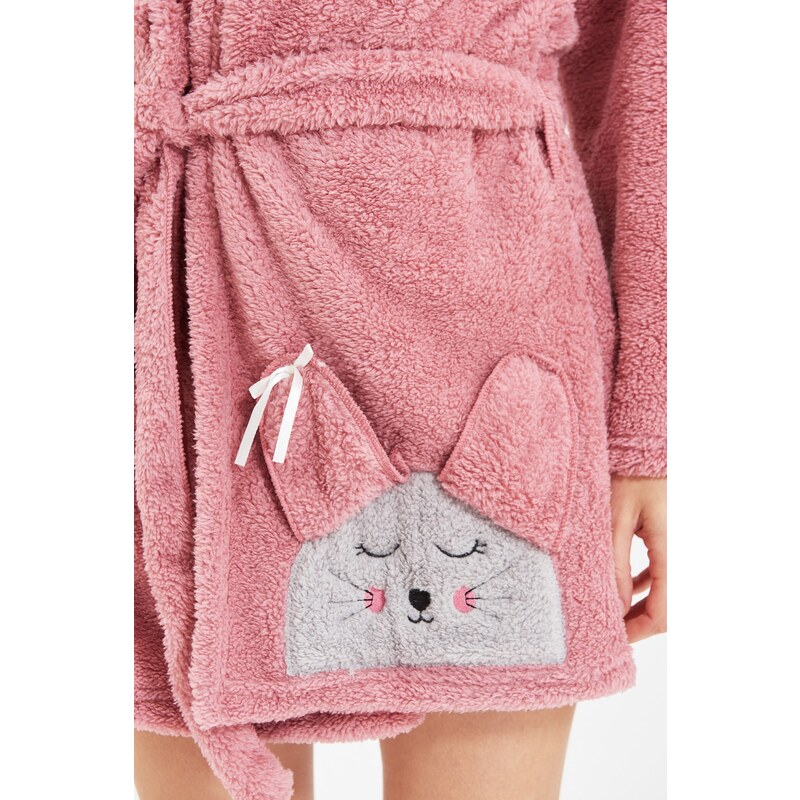 Trendyol Powder Belted Animal Figured Hooded Wellsoft Knitted Dressing Gown