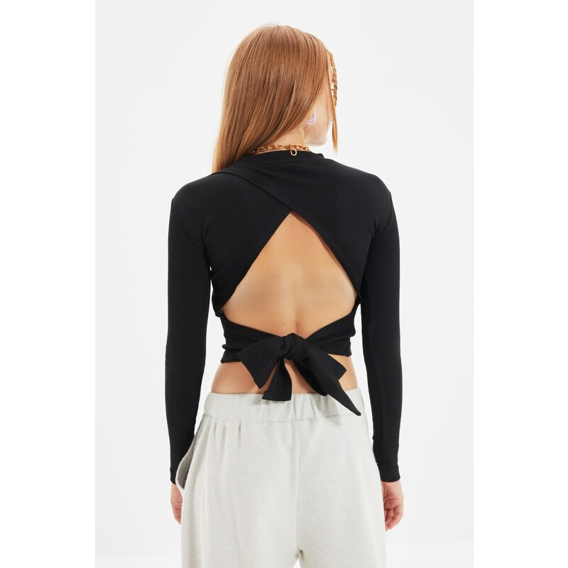 Trendyol Black Low-Cut Neck Tie Detail Fitted Crewneck Crop Corduroy Knitted Stretch Blouse