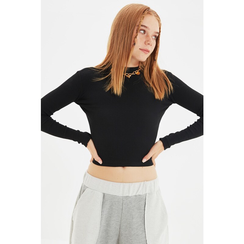 Trendyol Black Low-Cut Neck Tie Detail Fitted Crewneck Crop Corduroy Knitted Stretch Blouse