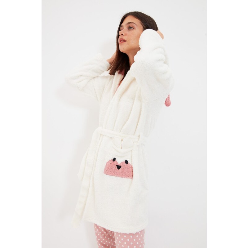 Trendyol Ecru Belted Animal Figured Hooded Wellsoft Knitted Dressing Gown