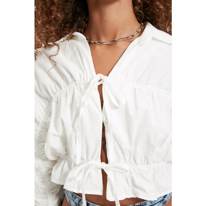 Trendyol Ecru Crop Woven Tie Cotton Shirt