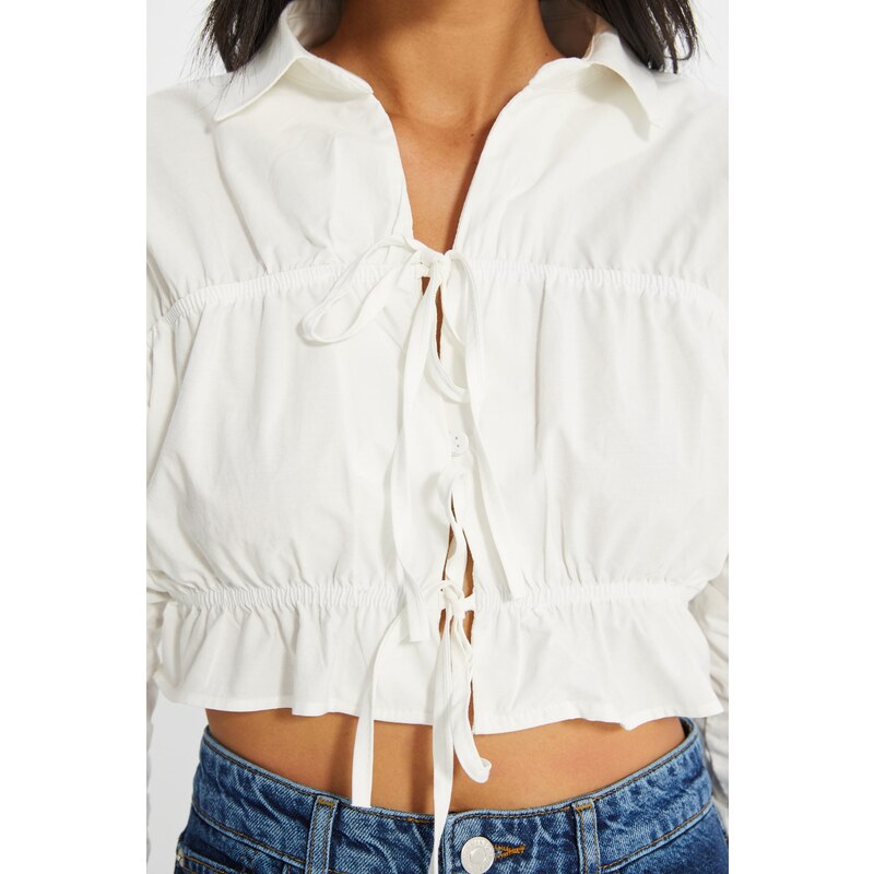 Trendyol Ecru Crop Woven Tie Cotton Shirt