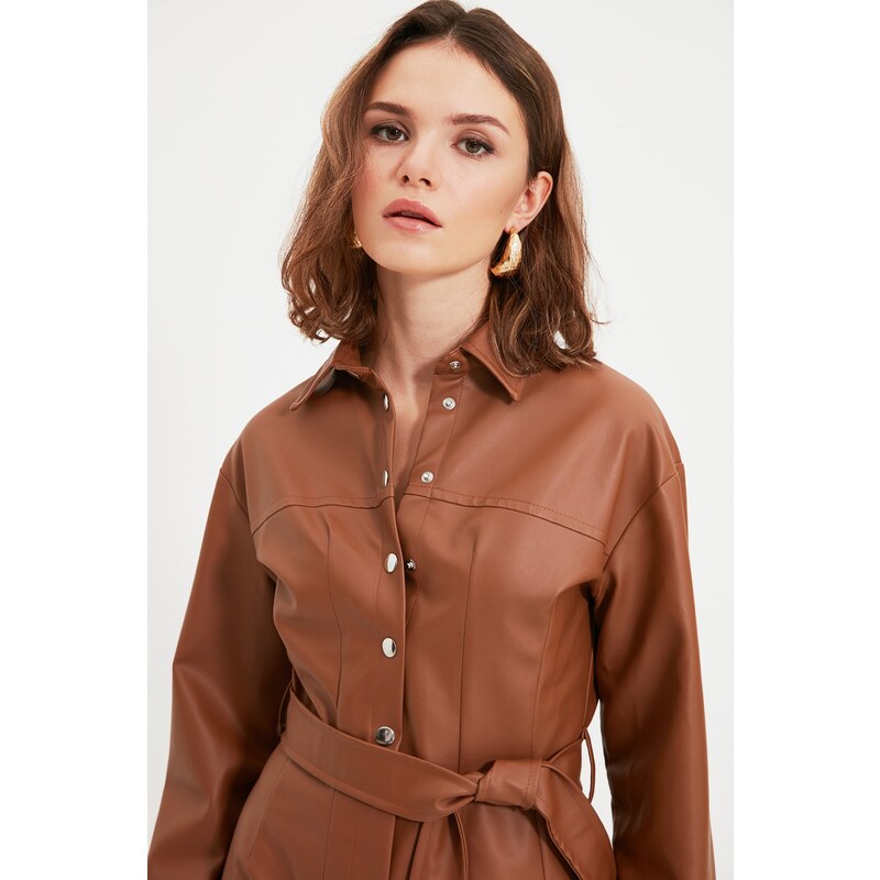 Trendyol Brown Petite Belted Leather Look Jumpsuit