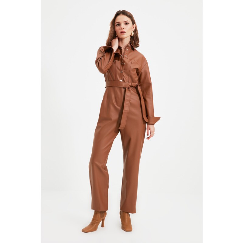 Trendyol Brown Petite Belted Leather Look Jumpsuit