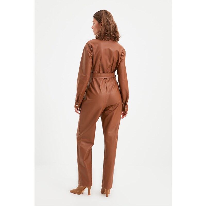 Trendyol Brown Petite Belted Leather Look Jumpsuit