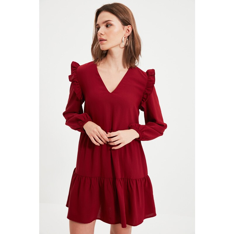 Trendyol Burgundy Petite Mini tkané nabírané šaty