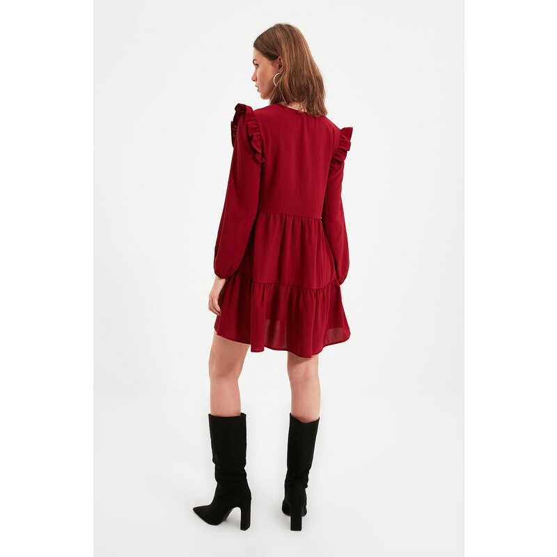 Trendyol Burgundy Petite Mini tkané nabírané šaty