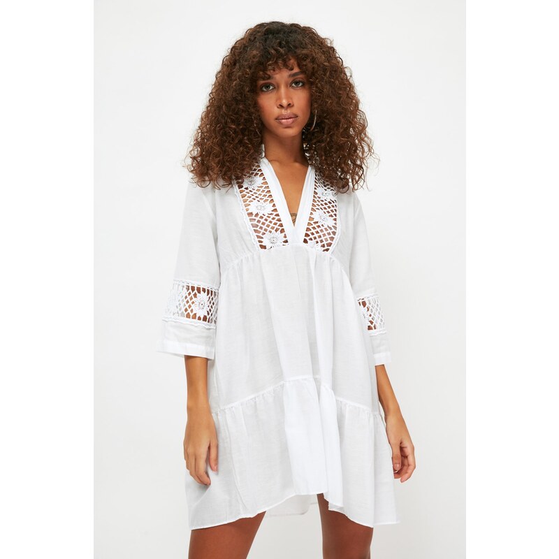 Trendyol Beige Mini Woven Lace Detailed 100% Cotton Beach Dress