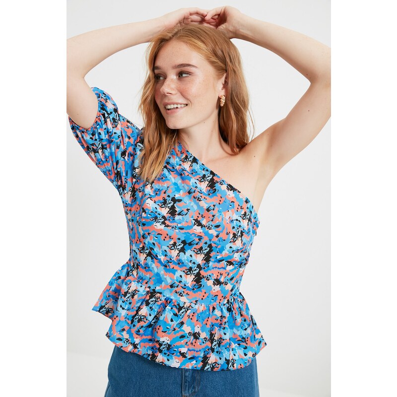 Trendyol Blue Single Sleeve Floral Woven Blouse