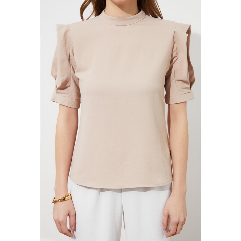 Trendyol Camel Woven Sleeve Detailed High Collar Blouse