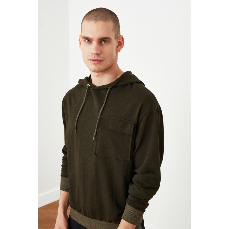 Trendyol Khaki Regular Fit Hooded Pocket Detail Cotton Sweatshirt