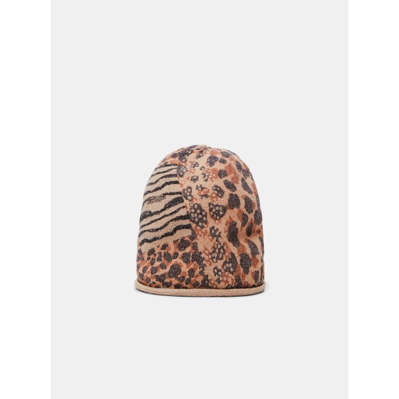 Hnědá dámská čepice s leopardím vzorem Desigual Animal Patch Gorro - Dámské
