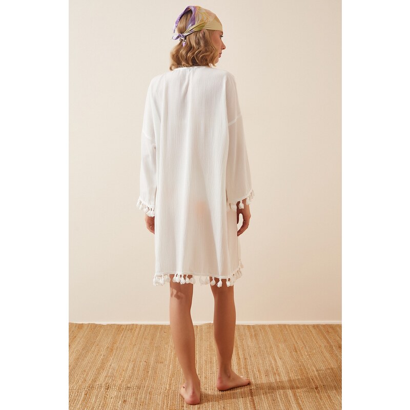 Happiness İstanbul Women's White Fringed Viscose Kimono