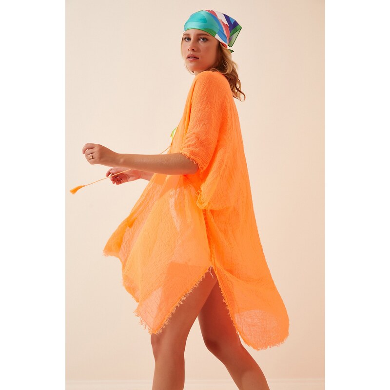 Happiness İstanbul Women's Orange Tie Cotton Kimono