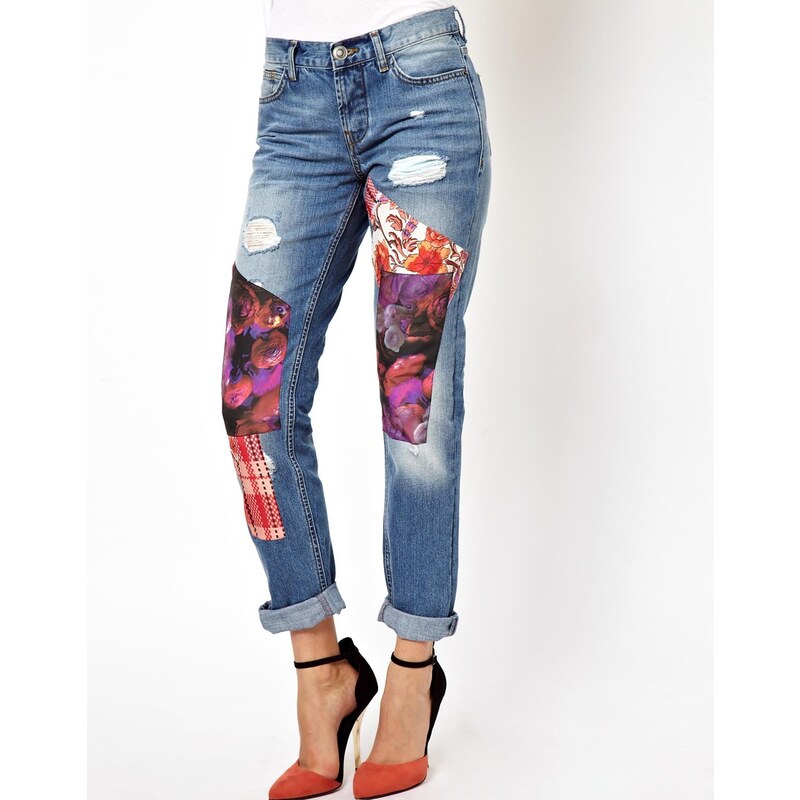 ASOS Brady Low Rise Slim Boyfriend Jeans in Mid Wash Blue with Patchwork Detail