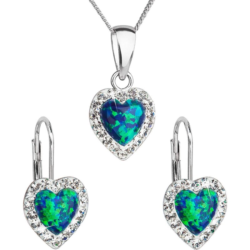EVOLUTION GROUP Sada šperků se syntetickým opálem a krystaly Preciosa náušnice a přívěšek zelené srdce 39161.1