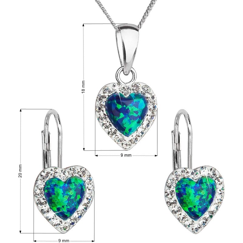 Evolution Group s.r.o. Sada šperků se syntetickým opálem a krystaly Preciosa náušnice a přívěšek zelené srdce 39161.1