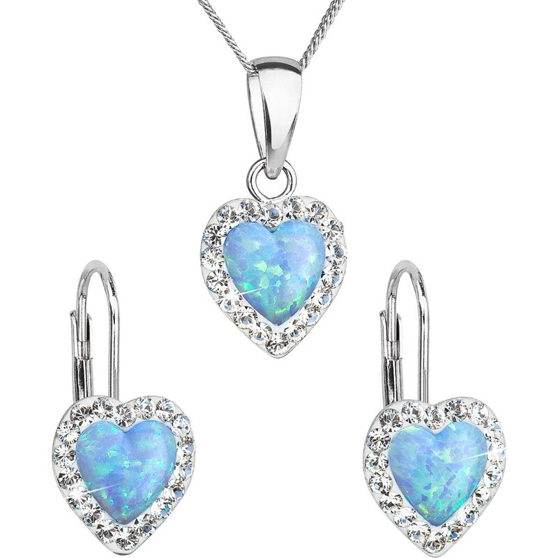 EVOLUTION GROUP Sada šperků se syntetickým opálem a krystaly Preciosa náušnice a přívěšek světle modré srdce 39161.1