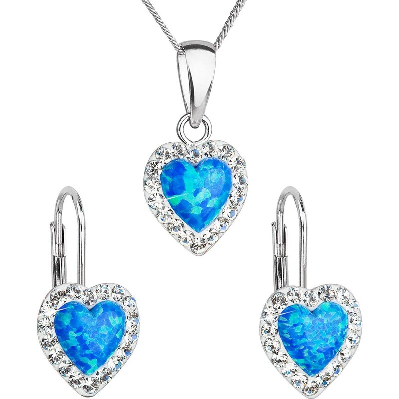 EVOLUTION GROUP Sada šperků se syntetickým opálem a krystaly Preciosa náušnice a přívěšek modré srdce 39161.1