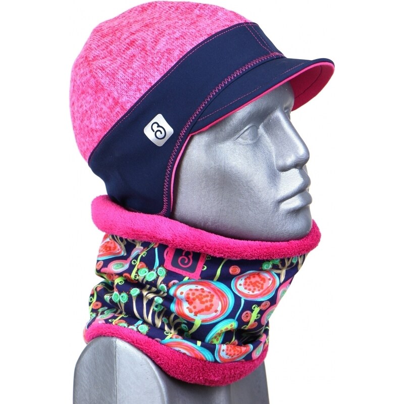 BajaDesign čepice pro holky, neon. růžová svetrovina,tm. modrá čelenka vel. 58