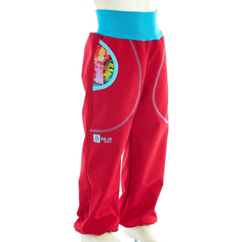 BajaDesign Jarní softshellové kalhoty pro holčičky, červené + barevná abstrakce
