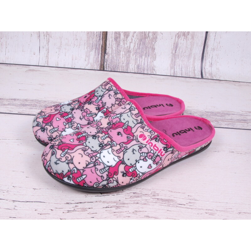 Pantofle papuče bačkory Inblu GF05-023 růžovošedé s jednorožci