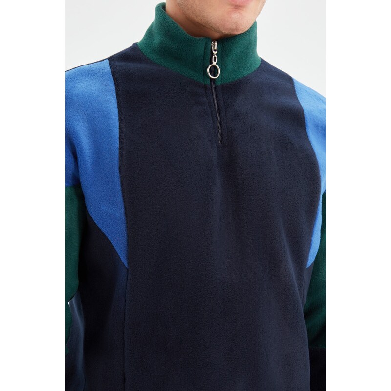 Trendyol Navy Blue Men's Regular/Normal Cut Zippered Stand Collar Color Block Fleece Sweatshirt