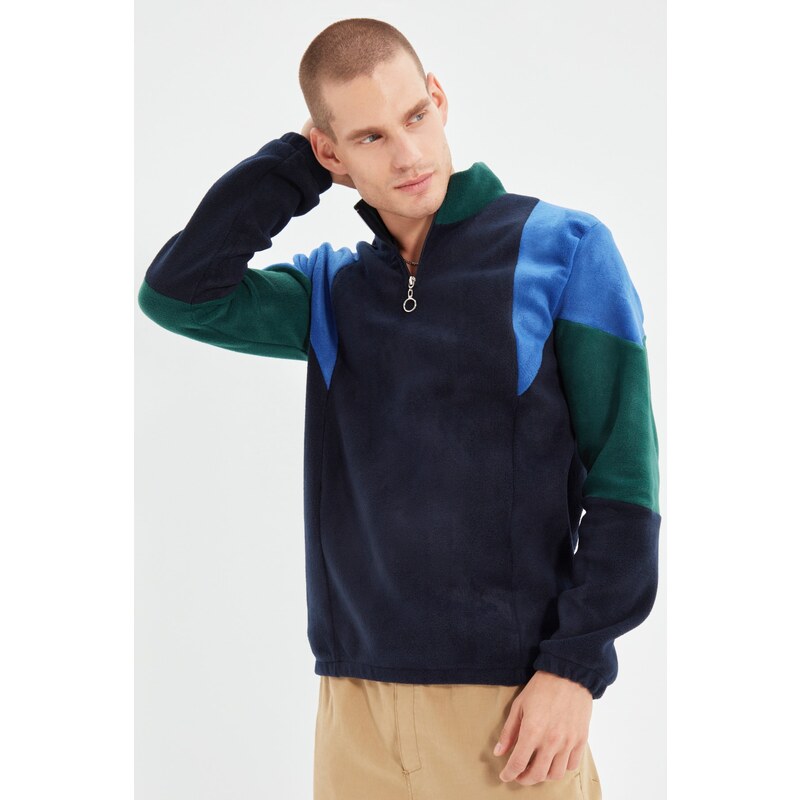 Trendyol Navy Blue Men's Regular/Normal Cut Zippered Stand Collar Color Block Fleece Sweatshirt