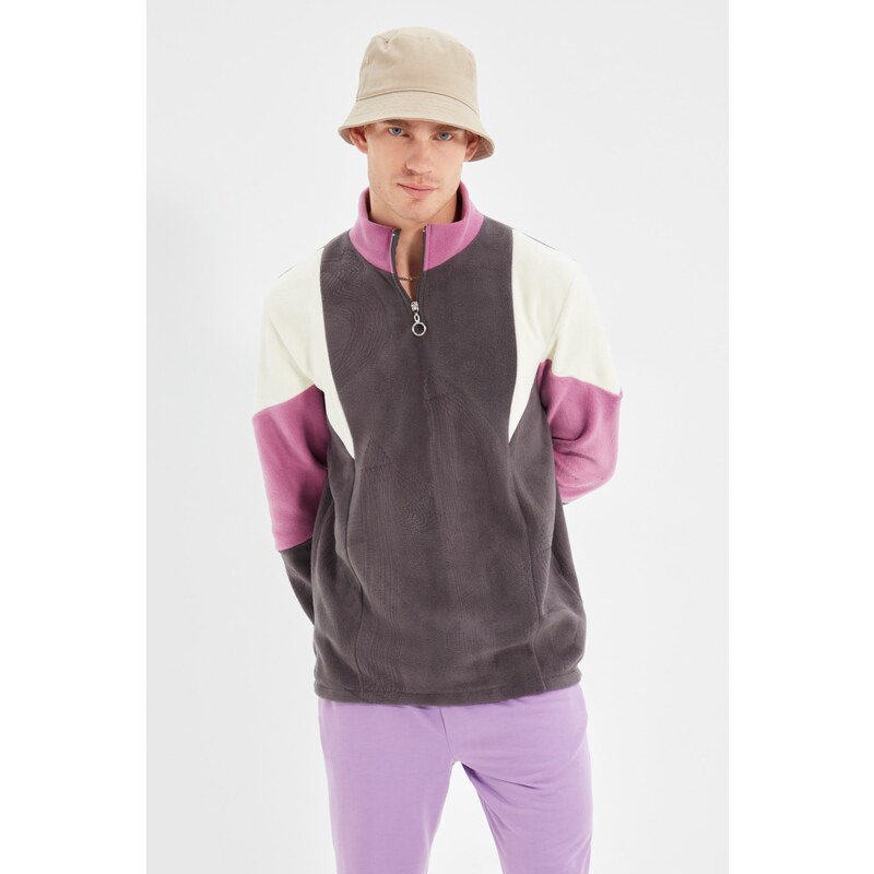 Trendyol Anthracite Regular/Normal Cut Zippered Color Block Fleece Warm Sweatshirt