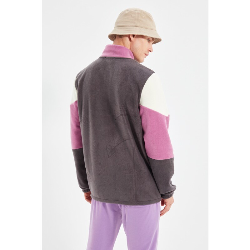 Trendyol Anthracite Regular/Normal Cut Zippered Color Block Fleece Warm Sweatshirt
