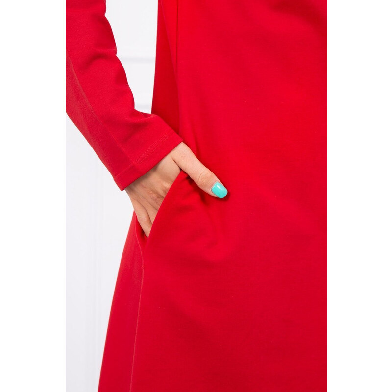 MladaModa Dlouhý kardigan s kapucí a kapsami model 9077 červený