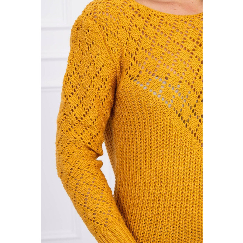 MladaModa Úpletový svetr s kosočtvercovým vzorem model 2019-39 hořčicový