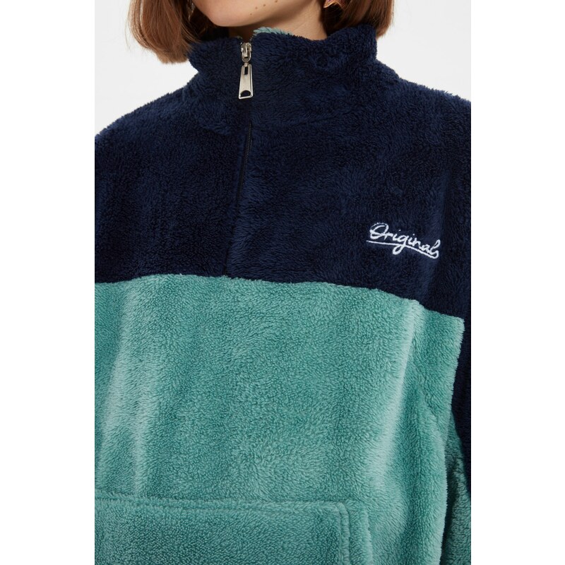 Trendyol Blue Unisex Oversize/Wide Cut Color Block Minimal Embroidery Warm Plush Sweatshirt