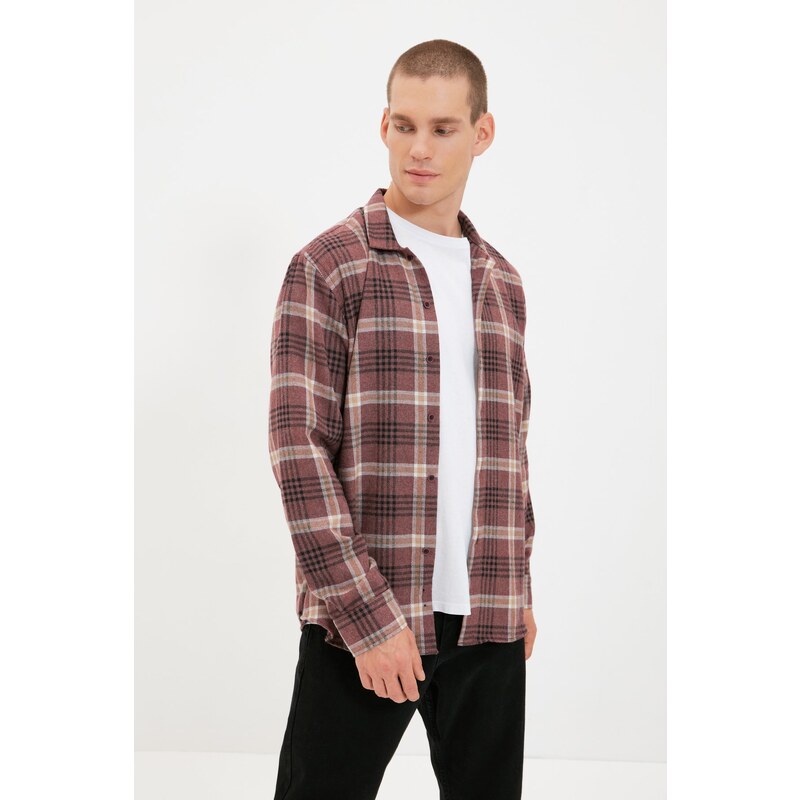 Trendyol Claret Red Men Regular Fit Shirt Collar Long Sleeve Lumberjack Plaid Shirt