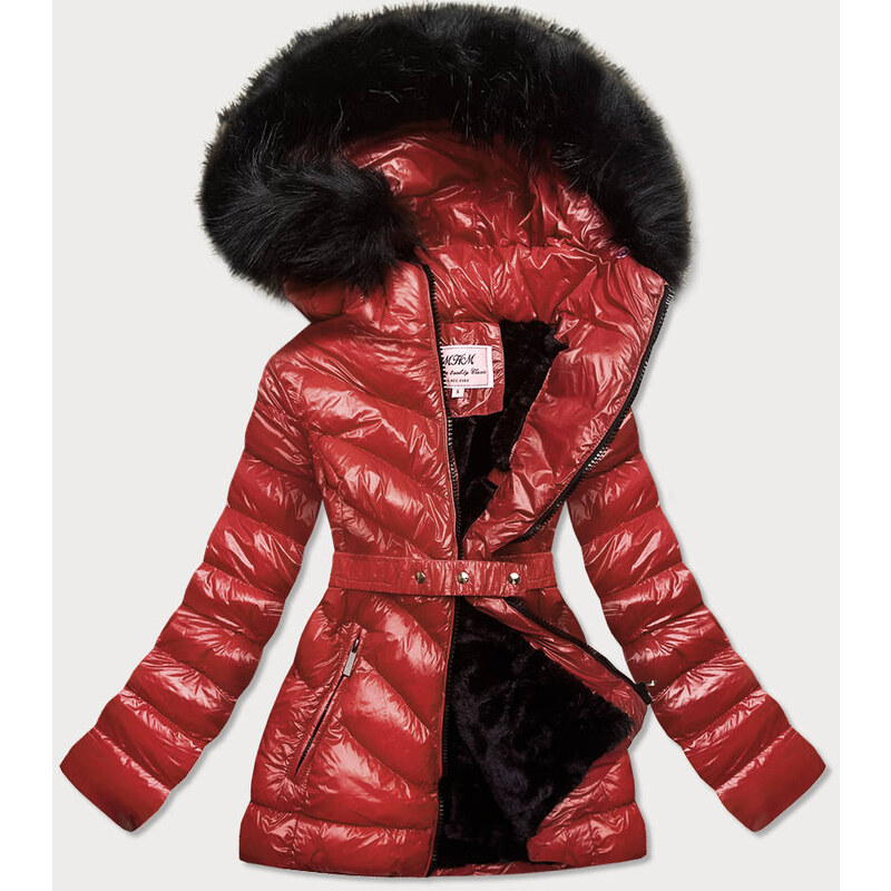 MHM Lesklá zimní bunda ve vínové bordó barvě s mechovitou kožešinou (W673)